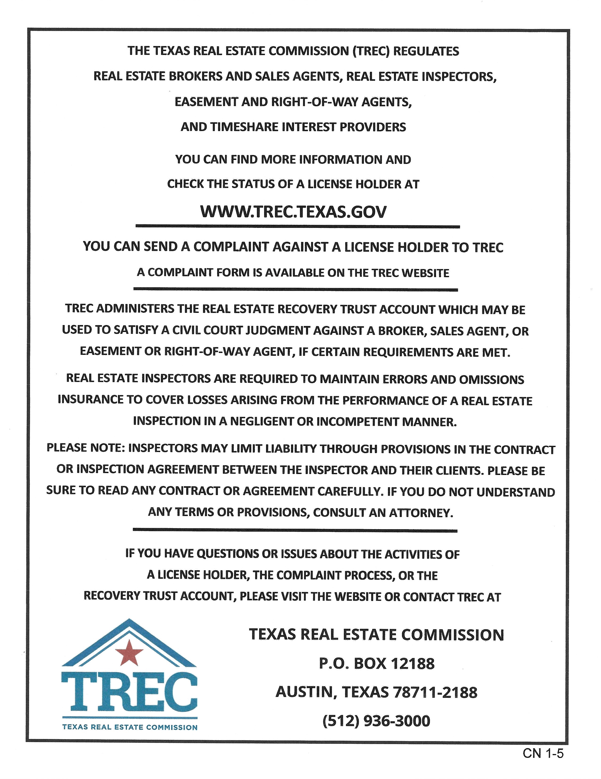 Texas Real Estate Commission Consumer Protection Notice